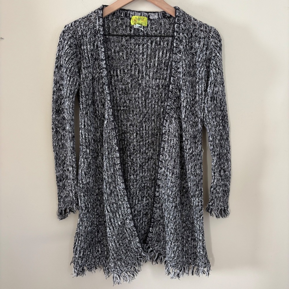 Ago e Filo Anthropologie Black White Marl Fringe Open Front Cardigan Sweater M